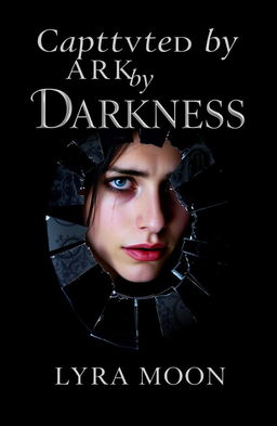 A deep black background showcases a shattered mirror with jagged fragments reflecting a person's tear-streaked face