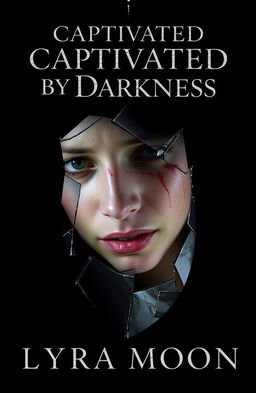 A deep black background showcases a shattered mirror with jagged fragments reflecting a person's tear-streaked face