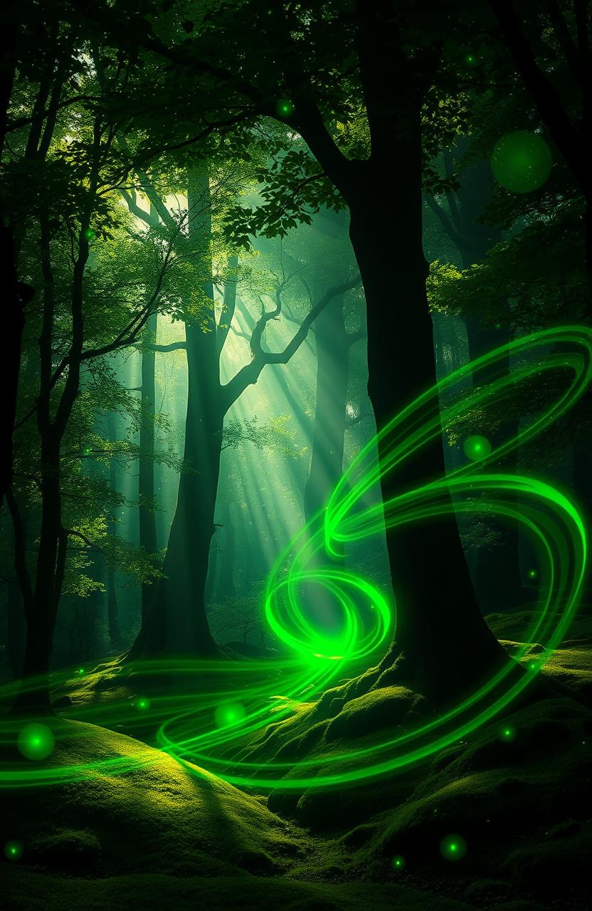 A surreal landscape featuring dark green energy swirling throughout a vibrant light forest, with rays of sunlight filtering through lush foliage