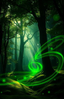 A surreal landscape featuring dark green energy swirling throughout a vibrant light forest, with rays of sunlight filtering through lush foliage