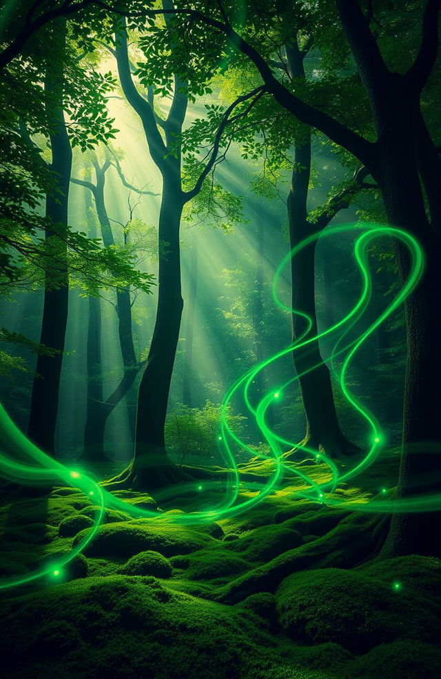 A surreal landscape featuring dark green energy swirling throughout a vibrant light forest, with rays of sunlight filtering through lush foliage