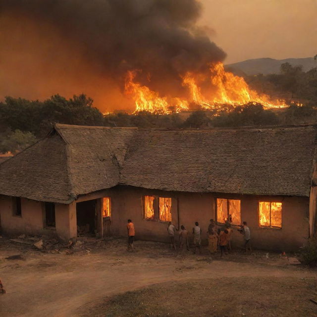 Chaos ensues in the village as homes are set ablaze. The once tranquil scene is now filled with orange glow of the fires and terrified villagers fleeing for safety, their expressions filled with shock.