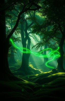 A surreal landscape featuring dark green energy swirling throughout a vibrant light forest, with rays of sunlight filtering through lush foliage
