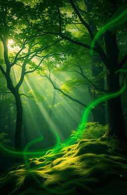 A surreal landscape featuring dark green energy swirling throughout a vibrant light forest, with rays of sunlight filtering through lush foliage