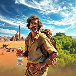 A determined individual, depicted as an adult, journeying from the arid landscapes of Africa to the lush, vibrant terrains of North America