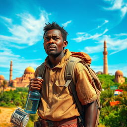 A determined individual, depicted as an adult, journeying from the arid landscapes of Africa to the lush, vibrant terrains of North America