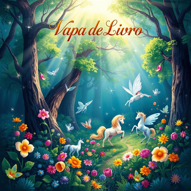 A vibrant book cover design featuring an enchanting forest with mystical creatures such as fairies and unicorns, surrounded by colorful flowers and lush greenery