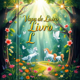 A vibrant book cover design featuring an enchanting forest with mystical creatures such as fairies and unicorns, surrounded by colorful flowers and lush greenery
