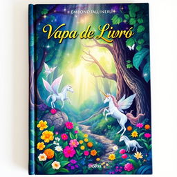 A vibrant book cover design featuring an enchanting forest with mystical creatures such as fairies and unicorns, surrounded by colorful flowers and lush greenery