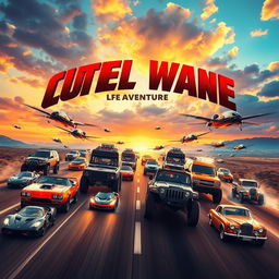 A vibrant and dynamic movie poster showcasing various vehicles, including sleek sports cars, rugged off-road trucks, futuristic hovercrafts, and classic vintage cars, gathered together in an exciting race on a scenic highway