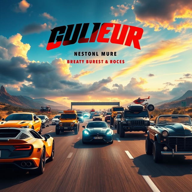 A vibrant and dynamic movie poster showcasing various vehicles, including sleek sports cars, rugged off-road trucks, futuristic hovercrafts, and classic vintage cars, gathered together in an exciting race on a scenic highway