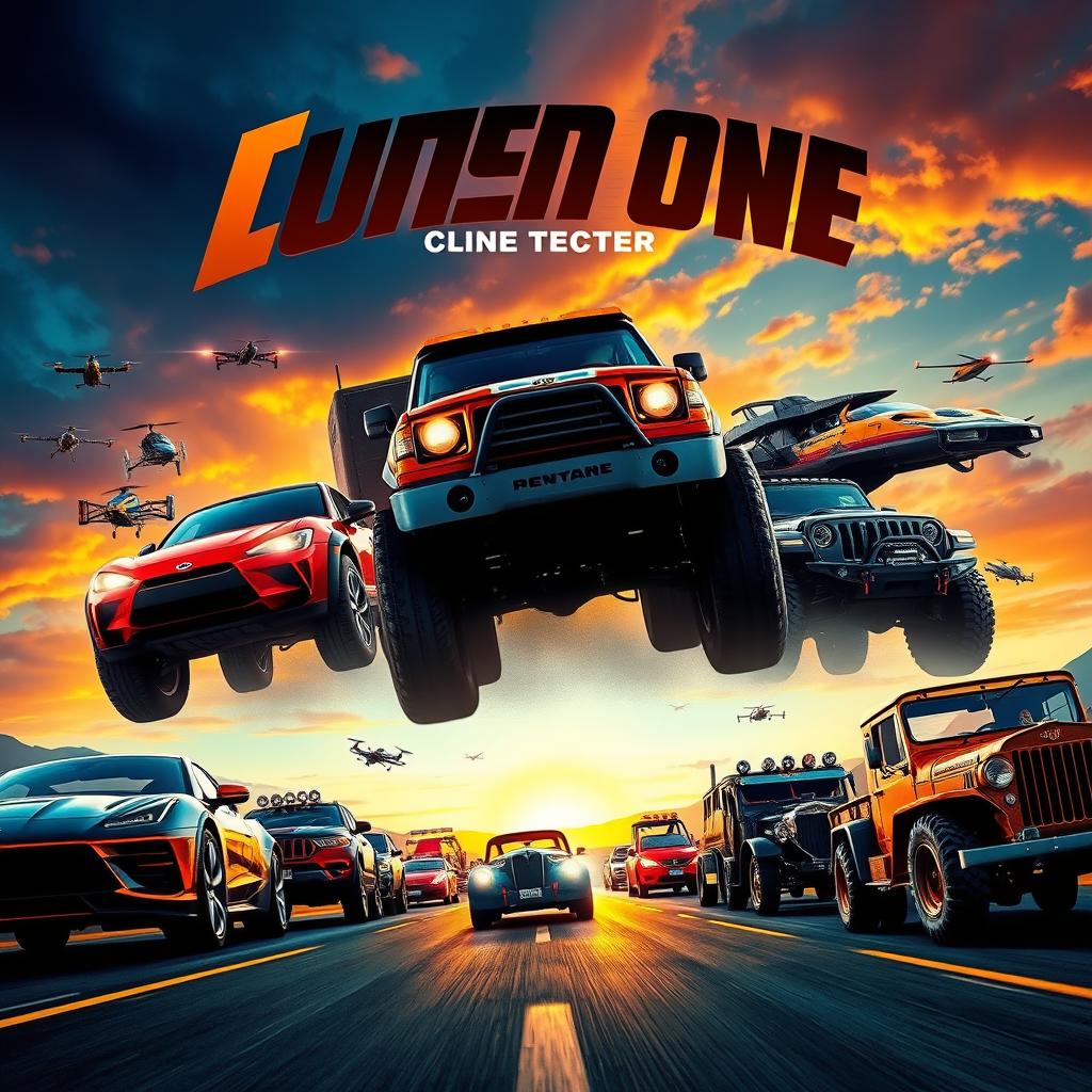 A vibrant and dynamic movie poster showcasing various vehicles, including sleek sports cars, rugged off-road trucks, futuristic hovercrafts, and classic vintage cars, gathered together in an exciting race on a scenic highway