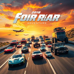 A vibrant and dynamic movie poster showcasing various vehicles, including sleek sports cars, rugged off-road trucks, futuristic hovercrafts, and classic vintage cars, gathered together in an exciting race on a scenic highway