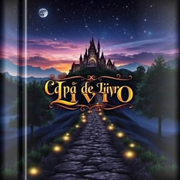 A captivating book cover design featuring a mysterious landscape with a winding path leading to a distant majestic castle under a twilight sky filled with stars