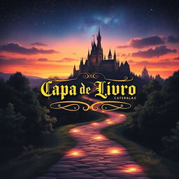 A captivating book cover design featuring a mysterious landscape with a winding path leading to a distant majestic castle under a twilight sky filled with stars