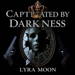 A deep black background showcases a shattered mirror, with jagged pieces reflecting fragments of a haunting face, creating an eerie and mysterious atmosphere