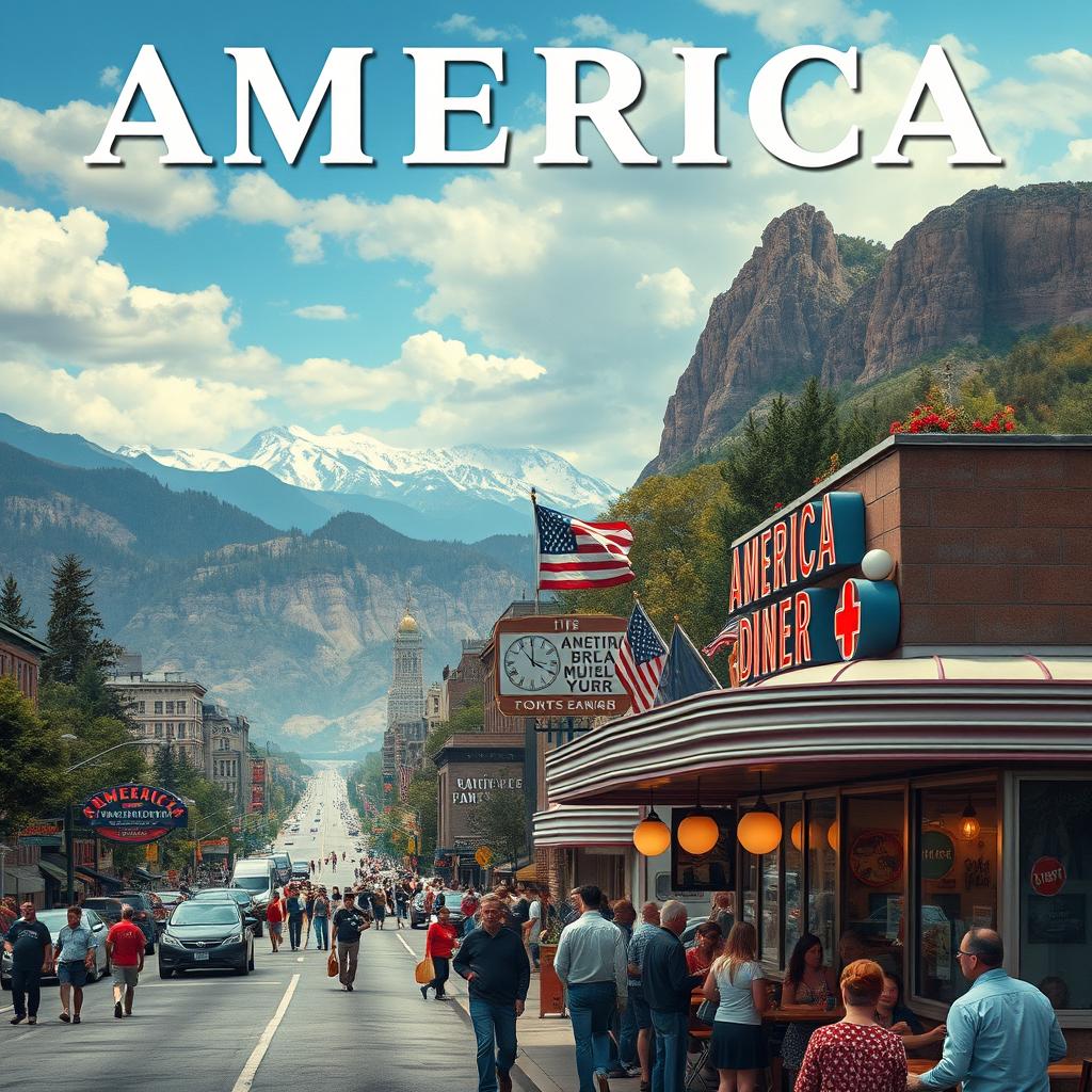 A cinematic portrayal of America showcasing its diverse landscapes and cultures, featuring scenes from iconic cities like New York and Los Angeles, vast national parks like Yellowstone, and the small-town charm of a classic American diner