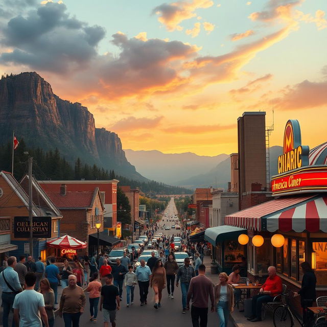 A cinematic portrayal of America showcasing its diverse landscapes and cultures, featuring scenes from iconic cities like New York and Los Angeles, vast national parks like Yellowstone, and the small-town charm of a classic American diner