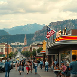 A cinematic portrayal of America showcasing its diverse landscapes and cultures, featuring scenes from iconic cities like New York and Los Angeles, vast national parks like Yellowstone, and the small-town charm of a classic American diner