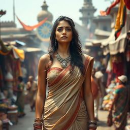 A sad yet beautiful Indian princess standing confidently in a tight saree that elegantly accentuates her figure, with an emphasis on her big cleavage