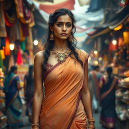 A sad yet beautiful Indian princess standing confidently in a tight saree that elegantly accentuates her figure, with an emphasis on her big cleavage
