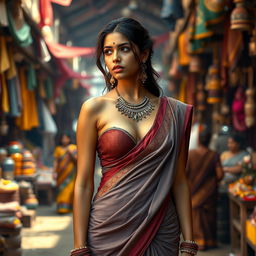 A sad yet beautiful Indian princess standing confidently in a tight saree that elegantly accentuates her figure, with an emphasis on her big cleavage