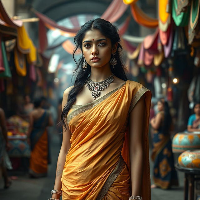 A sad yet beautiful Indian princess standing confidently in a tight saree that elegantly accentuates her figure, with an emphasis on her big cleavage