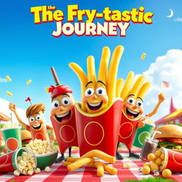 A whimsical and fun movie poster featuring anthropomorphic French fries as the main characters, smiling and engaging in a grand adventure