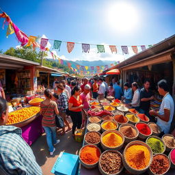 A vibrant market scene showcasing a bustling outdoor bazaar filled with colorful stalls selling exotic fruits, spices, and handmade crafts