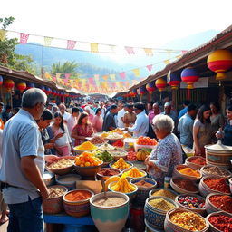 A vibrant market scene showcasing a bustling outdoor bazaar filled with colorful stalls selling exotic fruits, spices, and handmade crafts