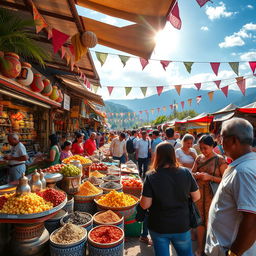A vibrant market scene showcasing a bustling outdoor bazaar filled with colorful stalls selling exotic fruits, spices, and handmade crafts