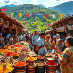 A vibrant market scene showcasing a bustling outdoor bazaar filled with colorful stalls selling exotic fruits, spices, and handmade crafts