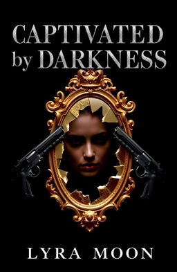 A deep black background highlights a stunning broken mirror made of shimmering gold, its jagged edges glistening as they catch the light, reflecting fragments of a hauntingly beautiful face