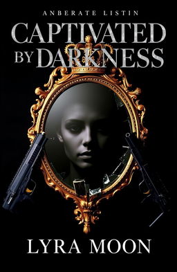 A deep black background highlights a stunning broken mirror made of shimmering gold, its jagged edges glistening as they catch the light, reflecting fragments of a hauntingly beautiful face