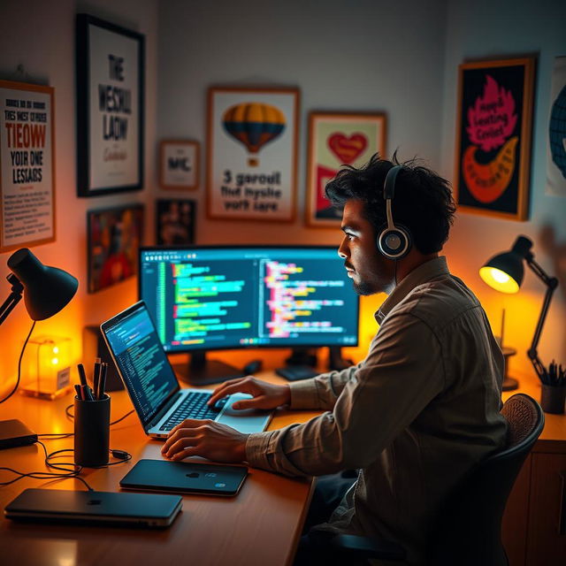 A visually engaging scene depicting a determined individual sitting at a modern, sleek desk illuminated by warm lighting, focused on their laptop as they design a creative website