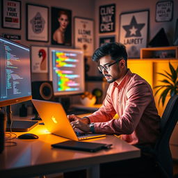 A visually engaging scene depicting a determined individual sitting at a modern, sleek desk illuminated by warm lighting, focused on their laptop as they design a creative website