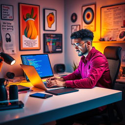 A visually engaging scene depicting a determined individual sitting at a modern, sleek desk illuminated by warm lighting, focused on their laptop as they design a creative website