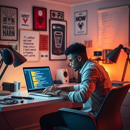 A visually engaging scene depicting a determined individual sitting at a modern, sleek desk illuminated by warm lighting, focused on their laptop as they design a creative website