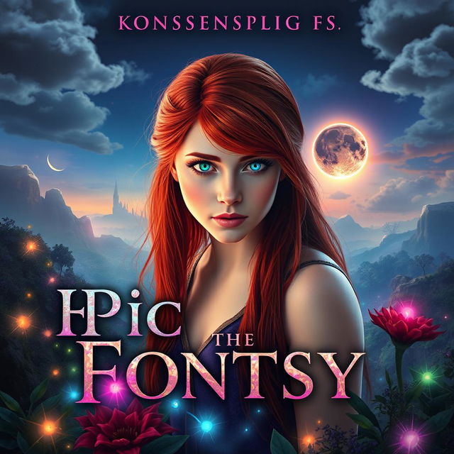 A stunning epic fantasy book cover featuring a young red-haired woman with vibrant rainbow-colored eyes, looking down thoughtfully from a high vantage point