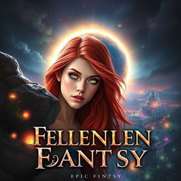 A stunning epic fantasy book cover featuring a young red-haired woman with vibrant rainbow-colored eyes, looking down thoughtfully from a high vantage point
