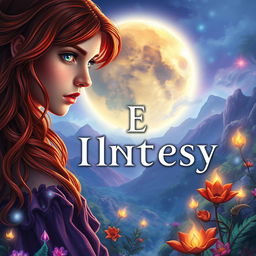 A stunning epic fantasy book cover featuring a young red-haired woman with vibrant rainbow-colored eyes, looking down thoughtfully from a high vantage point
