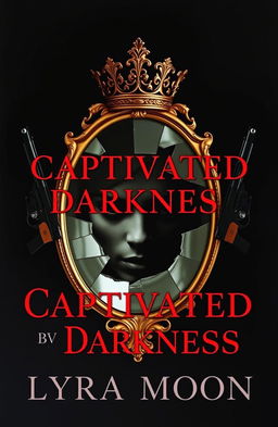 A deep black background highlighting a stunning gold broken mirror with jagged edges that catch the light, reflecting fragments of a haunting face