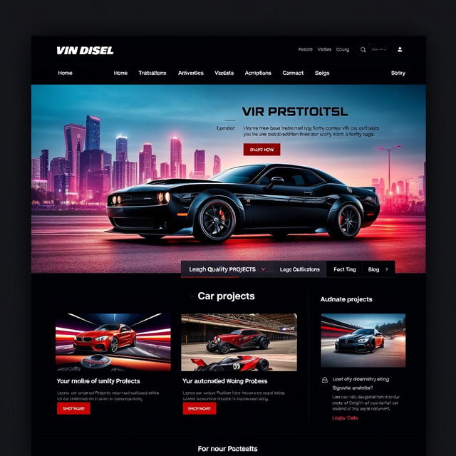 A modern, sleek website design inspired by Vin Diesel, showcasing a car-themed portfolio with dynamic visuals