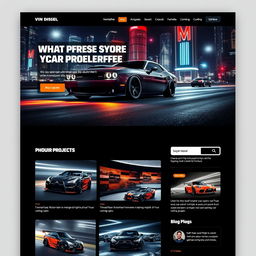 A modern, sleek website design inspired by Vin Diesel, showcasing a car-themed portfolio with dynamic visuals