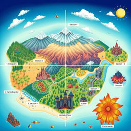 A beautifully illustrated map divided into 10 distinct sections, each featuring unique landscapes and characteristics