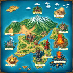 A beautifully illustrated map divided into 10 distinct sections, each featuring unique landscapes and characteristics