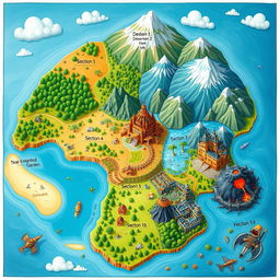 A beautifully illustrated map divided into 10 distinct sections, each featuring unique landscapes and characteristics