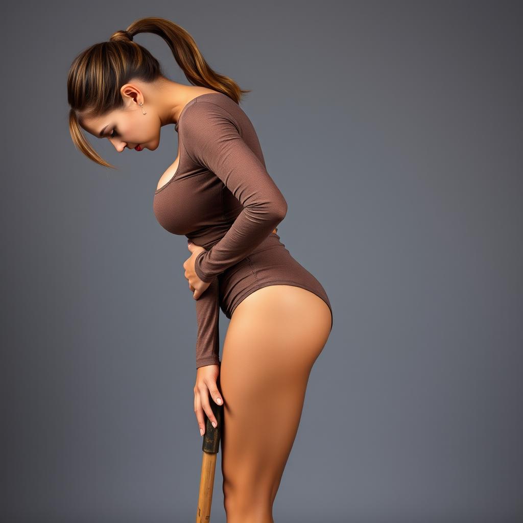 A sexy 25-year-old American woman with a ponytail, dressed in a stylish cropped décolletage long-sleeve top, showcasing her attractive bust