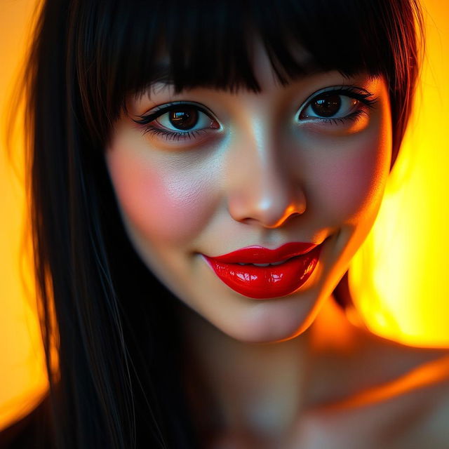 A close-up portrait of a girl with striking black hair, featuring glossy red lips and a playful expression