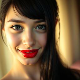 A close-up portrait of a girl with striking black hair, featuring glossy red lips and a playful expression